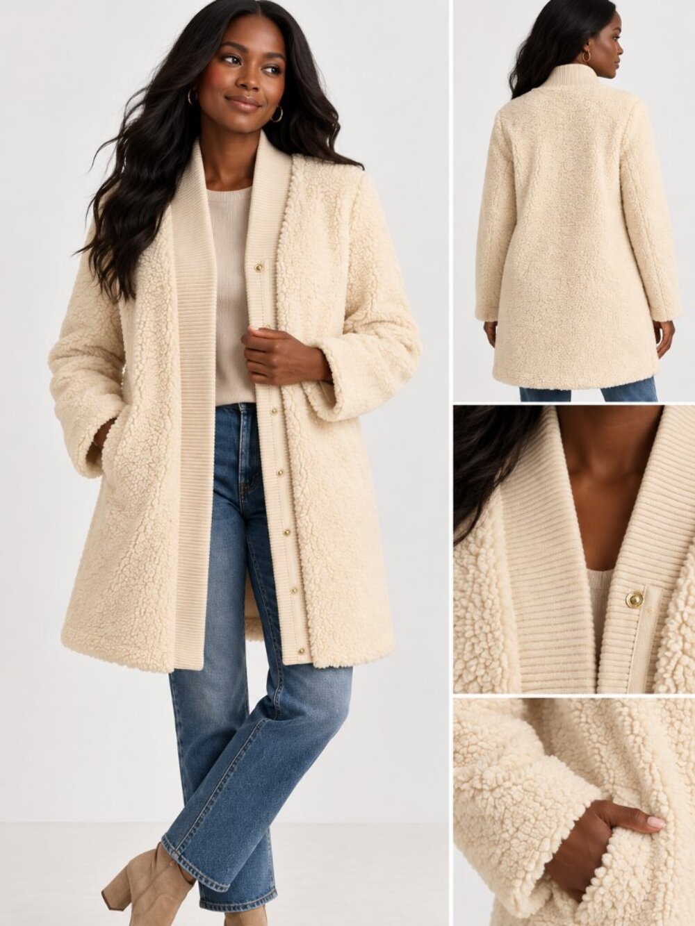 Bernardo Rib Trim Faux Shearling Coat – Cream | Size S